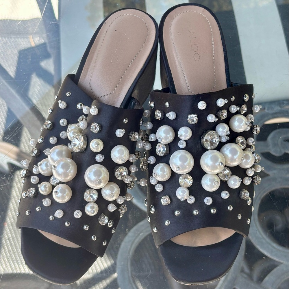 Aldo Black Mules with Pearl and Crystal Embellishments